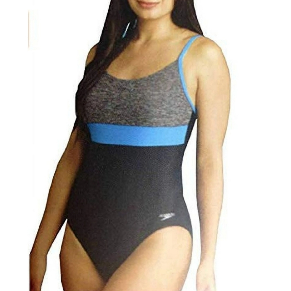 Speedo Black and Gray One-Piece Swimsuit with Blue Accents